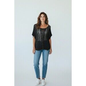 Oya Women’s Black Metallic Short Sleeve Open Knit Sweater One Size